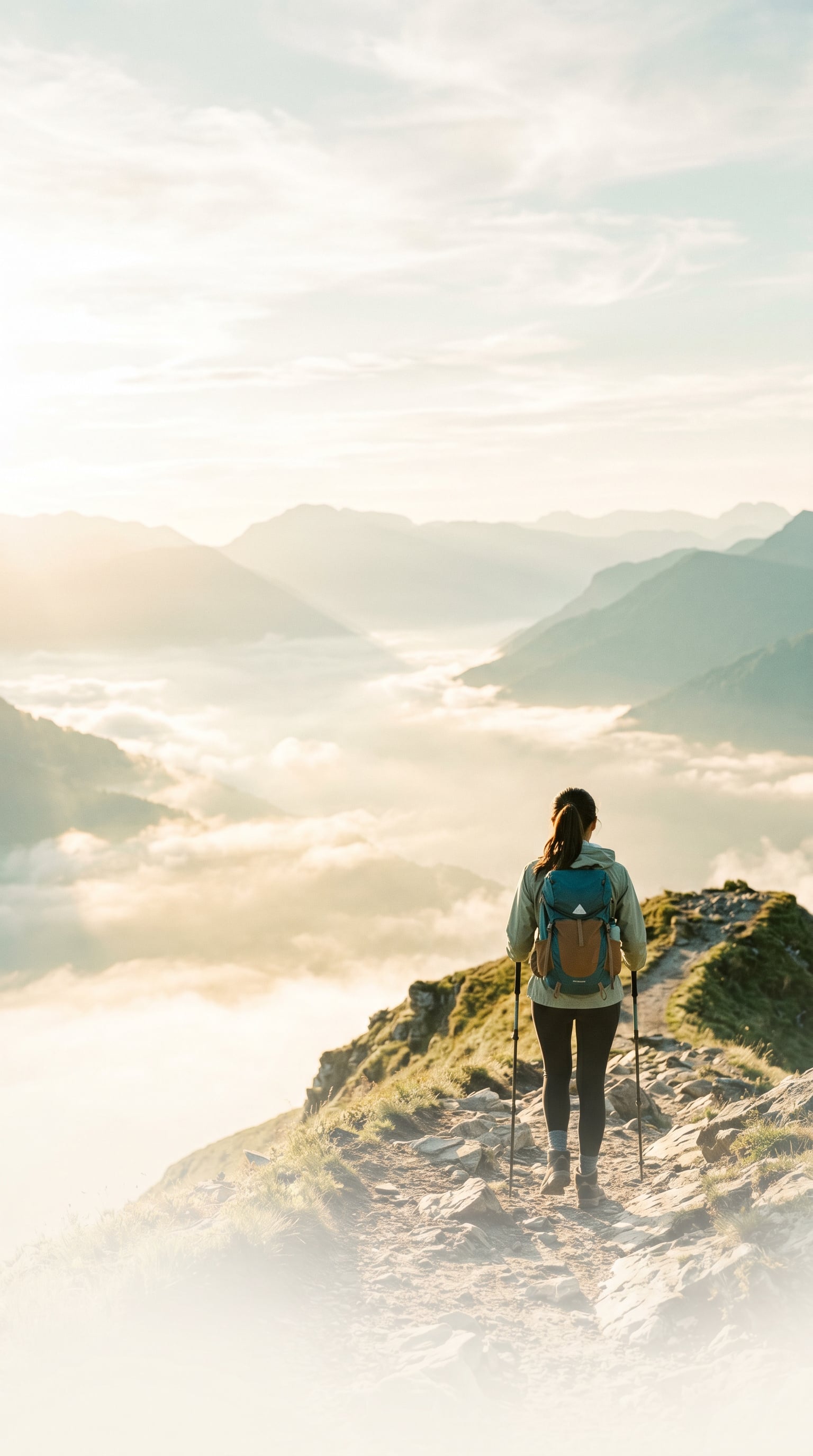 A solo traveler on a mountain ridge at dusk overlooking distant valley lights — SafePing quietly watches over you.